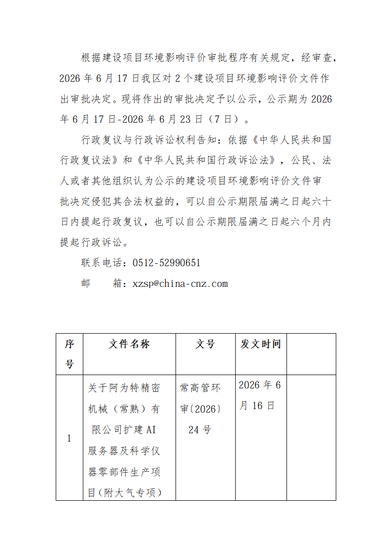 2026年6月17日常熟高新技术产业开发区阿为特、台燿项目环境影响报告书（表）的批复_01.png